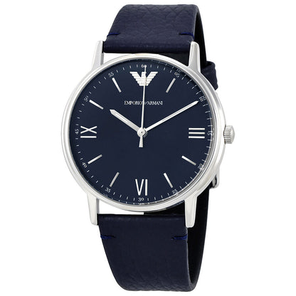 Emporio Armani Kappa quartz watch with blue dial, Roman numeral markers, and navy leather strap