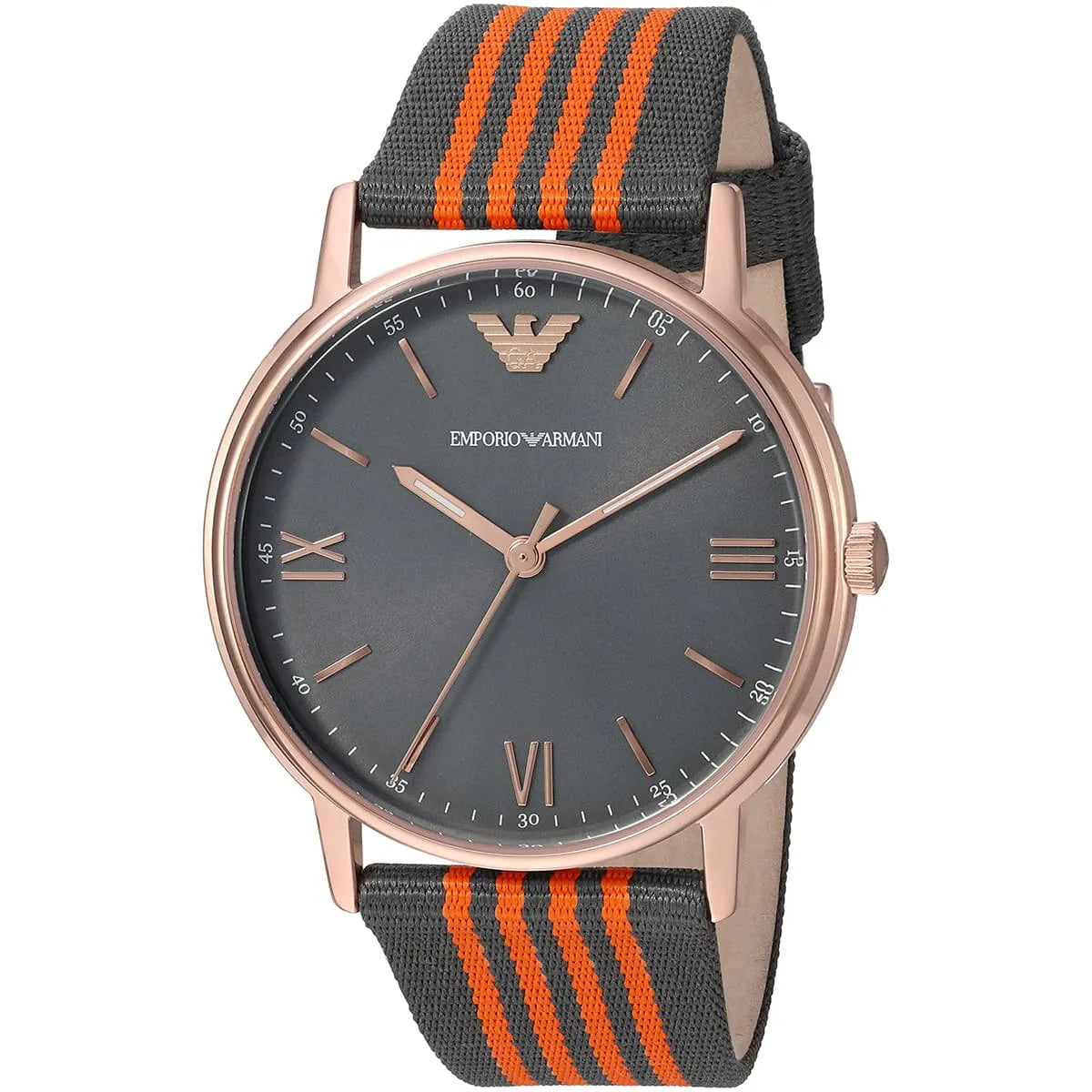 Three-quarter view of Emporio Armani Kappa AR11014 watch showing grey dial and striped nylon strap