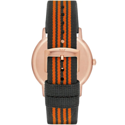 Caseback view of Emporio Armani Kappa AR11014 watch showing rose gold case and striped strap