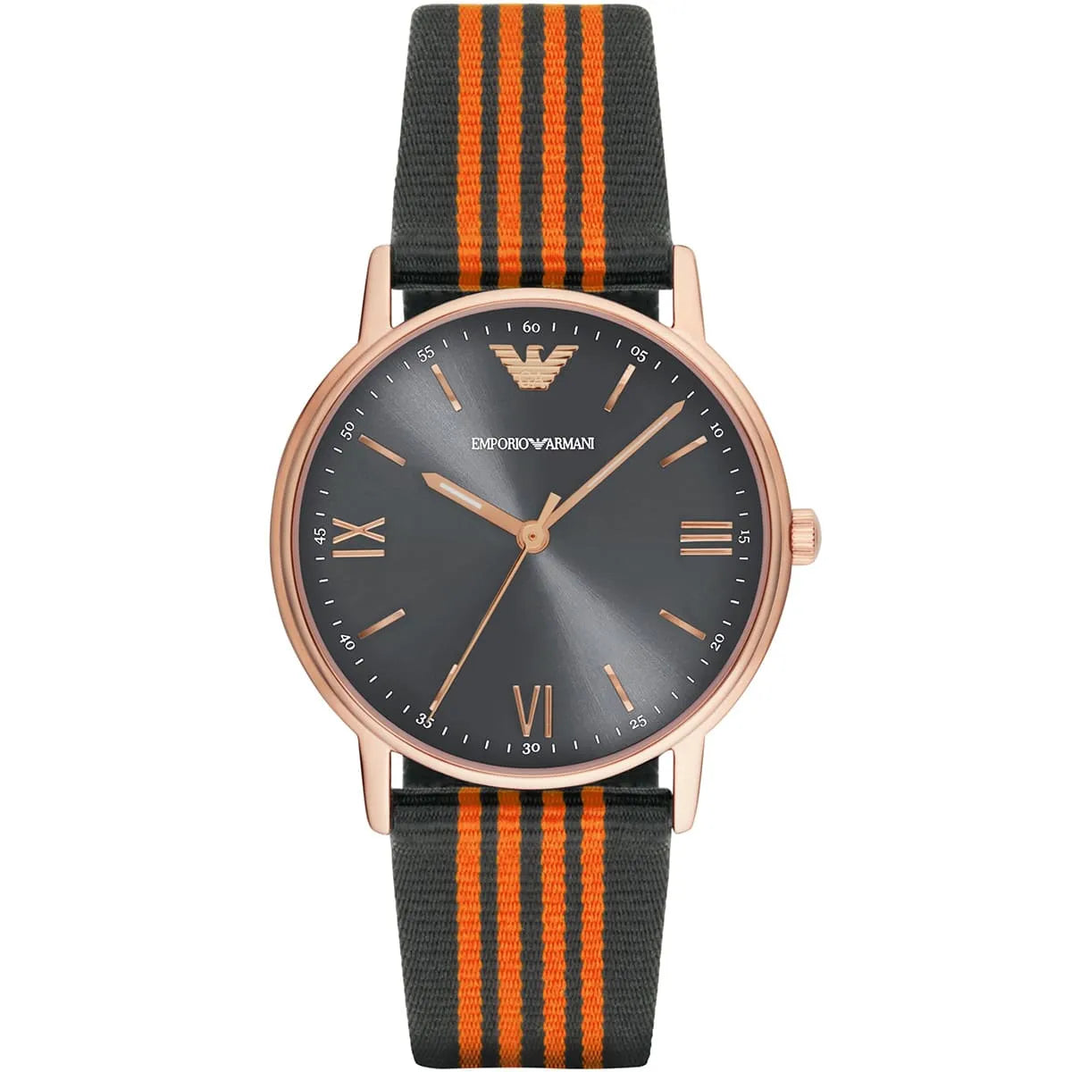 Emporio Armani Kappa AR11014 watch with grey dial, rose gold case, and orange and black striped nylon strap