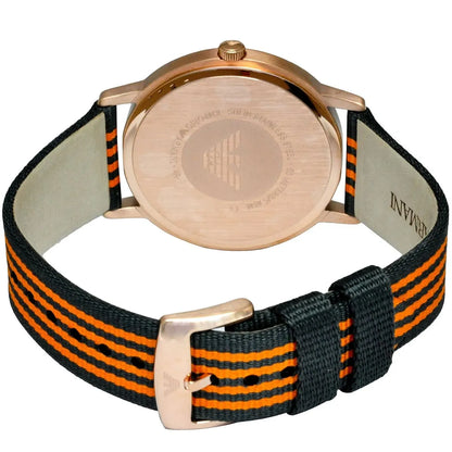 Orange and black striped nylon strap of Emporio Armani Kappa AR11014 watch with rose gold buckle