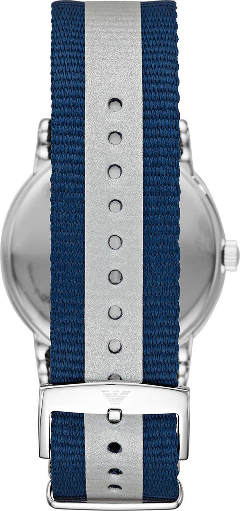 Emporio Armani Luigi watch caseback view with blue-grey striped fabric strap