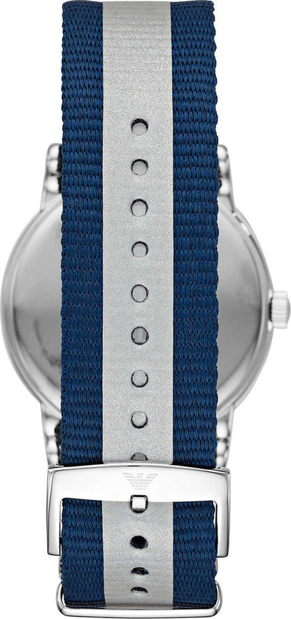 Emporio Armani Luigi watch caseback view with blue-grey striped fabric strap