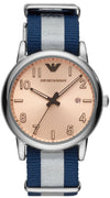 Emporio Armani Luigi men's watch with pink dial and blue-grey striped fabric strap