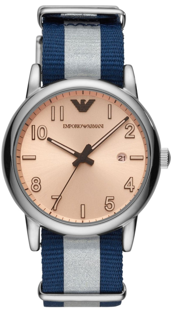 Emporio Armani Luigi men's watch with pink dial and blue-grey striped fabric strap