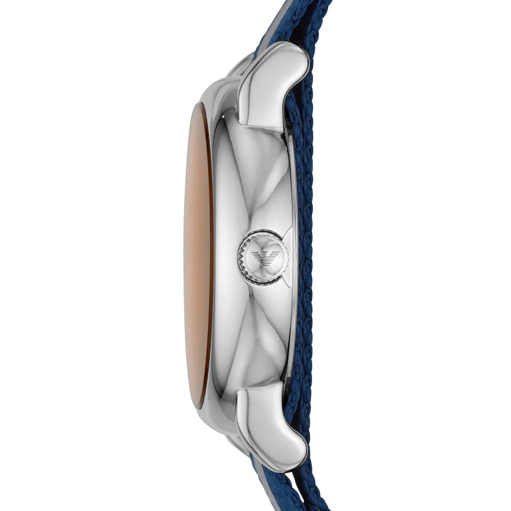 Side profile of Emporio Armani Luigi watch showing silver case and strap