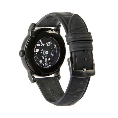 Emporio Armani Luigi AR60008 watch caseback showing transparent skeleton dial with visible automatic movement