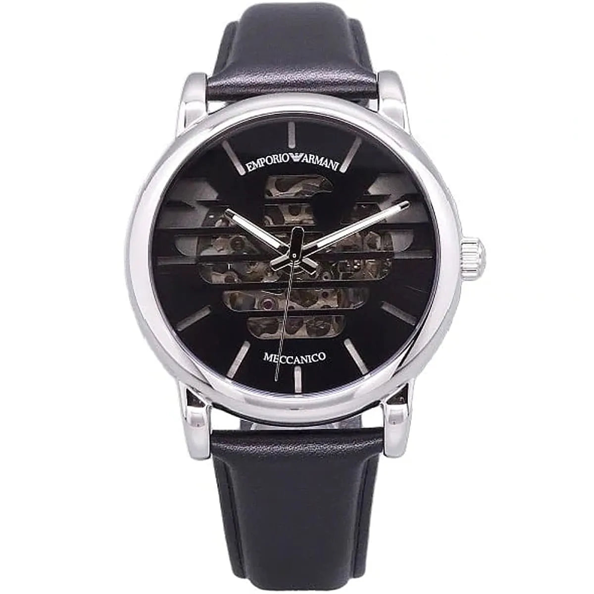 Emporio Armani Meccanico automatic watch with black skeleton dial and black leather strap
