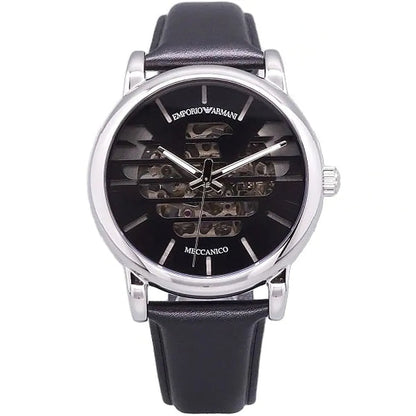 Emporio Armani Meccanico automatic watch with black skeleton dial and black leather strap