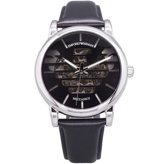 Emporio Armani Meccanico automatic watch with black skeleton dial and black leather strap