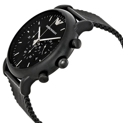 Side angle view of Emporio Armani chronograph watch showing black case and mesh band