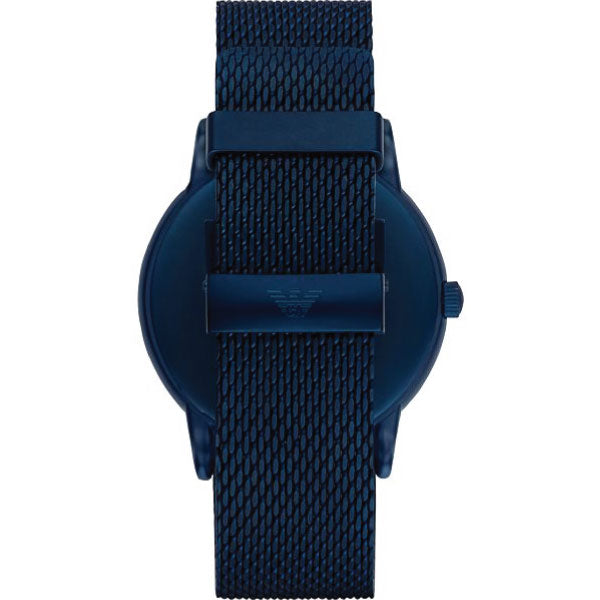 Emporio Armani Luigi watch caseback showing blue steel case and mesh strap detail