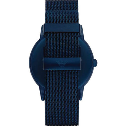 Emporio Armani Luigi watch caseback showing blue steel case and mesh strap detail