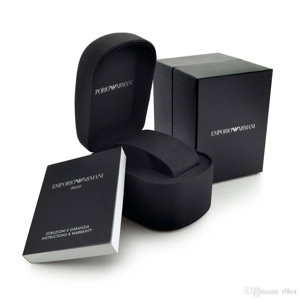 Emporio Armani Luigi watch packaging with black box, case, and instruction booklet