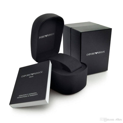 Emporio Armani Luigi watch packaging with black box, case, and instruction booklet