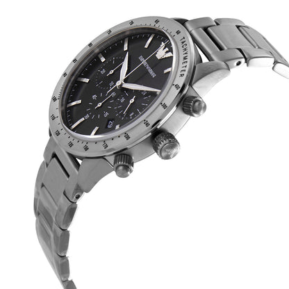 Side angle view of Emporio Armani Mario chronograph watch showing profile and three-link bracelet
