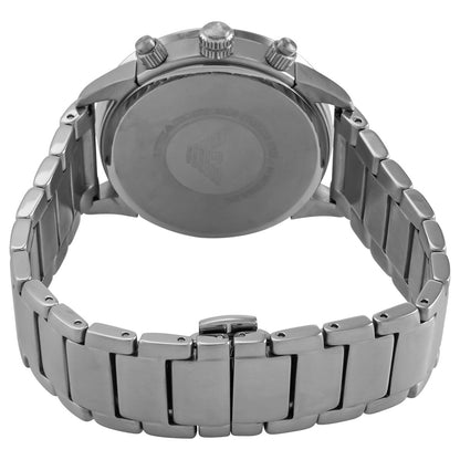 Caseback view of Emporio Armani Mario chronograph watch showing stainless steel case back and bracelet