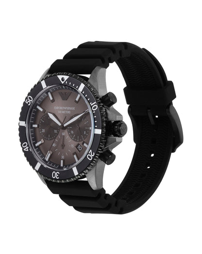 Side angle view of Emporio Armani Mario chronograph watch with black silicone strap