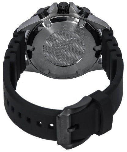 Rear view of Emporio Armani Mario chronograph case back with textured design and black strap