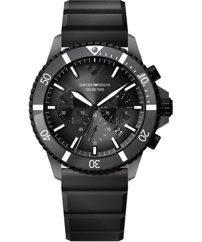 Emporio Armani Mario black chronograph watch with black silicone strap and white dial markers