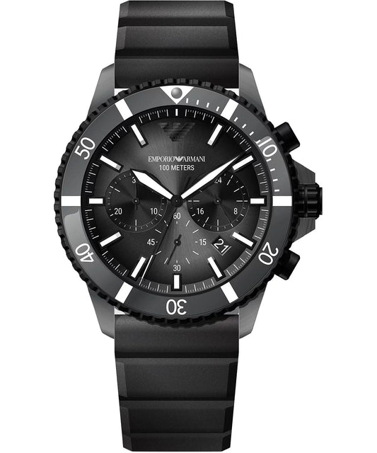Emporio Armani Mario black chronograph watch with black silicone strap and white dial markers