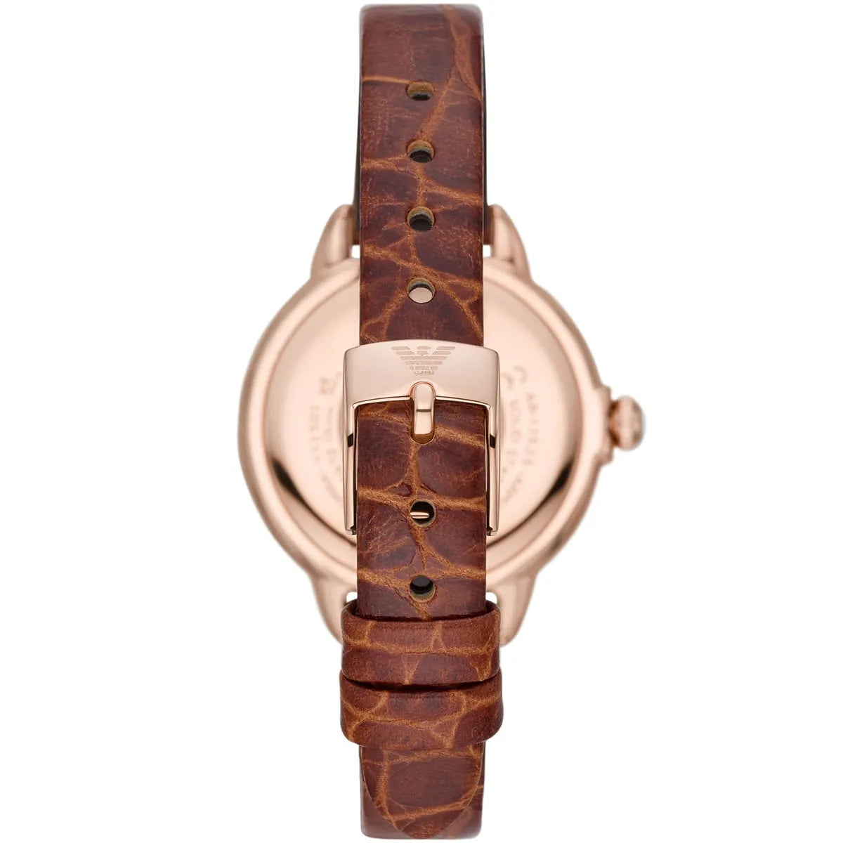 Caseback view of Emporio Armani Mia AR11525 showing rose gold case and brown leather strap