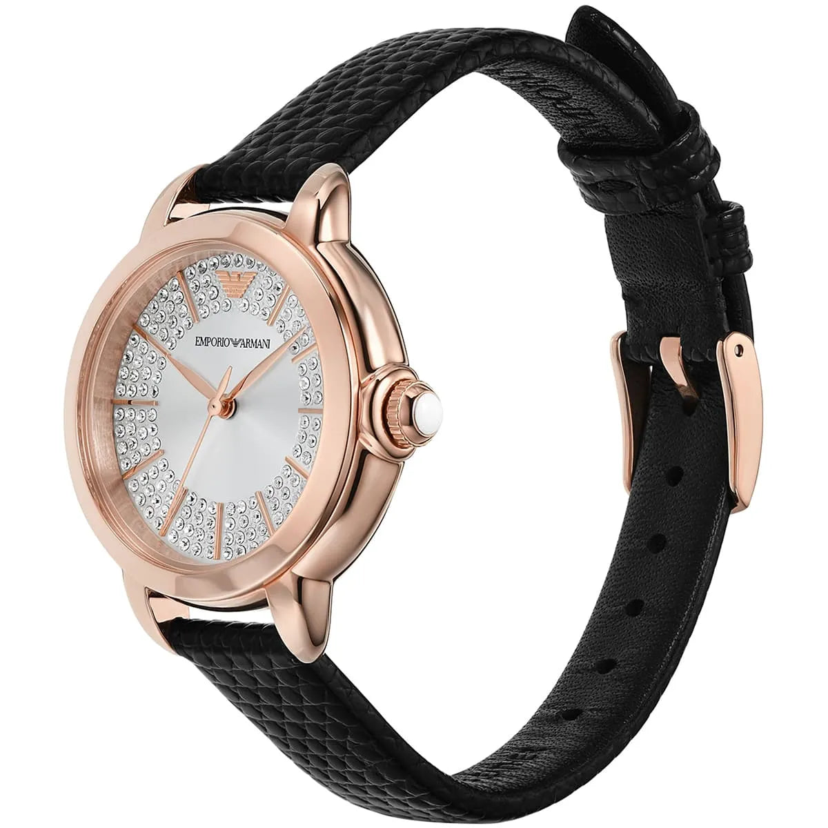 Side view of Emporio Armani Mia AR11631 rose gold case with black textured leather strap