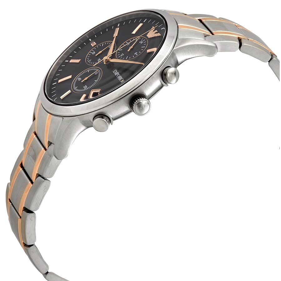 Emporio Armani Renato watch displayed at an angle showing the side profile and stainless steel and rose gold bracelet