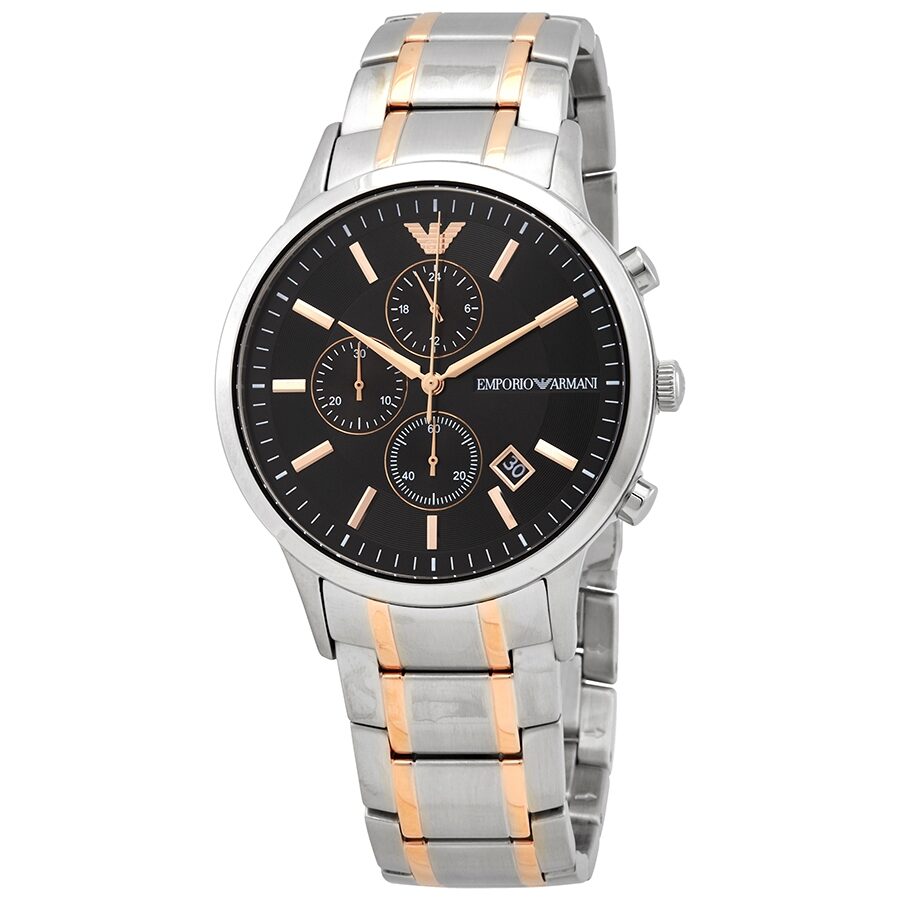 Emporio Armani Renato chronograph watch with black dial, three sub-dials, stainless steel and rose gold-tone bracelet
