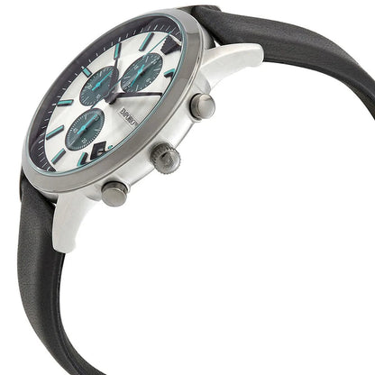 Emporio Armani Renato Chronograph at angle showing silver case, white dial, and black leather strap