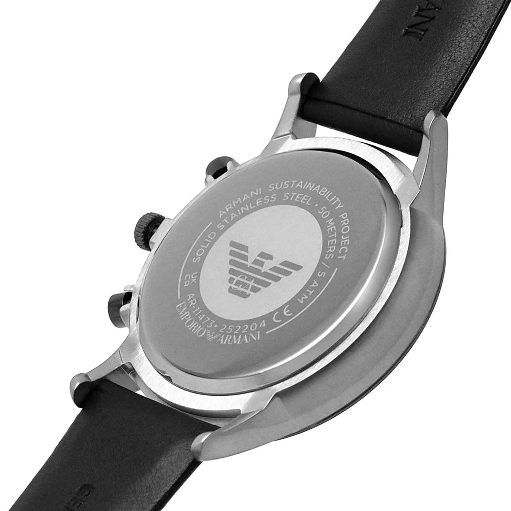 Caseback of Emporio Armani Renato AR11473 with stainless steel construction details and brand logo