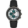 Emporio Armani Renato Chronograph watch with silver case, white dial, teal subdials, and black leather strap