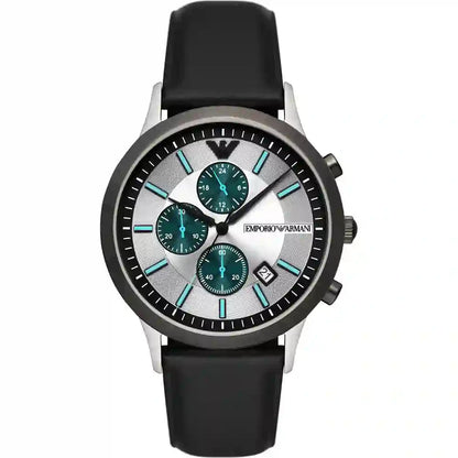 Emporio Armani Renato Chronograph watch with silver case, white dial, teal subdials, and black leather strap