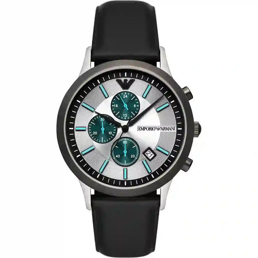 Emporio Armani Renato Chronograph watch with silver case, white dial, teal subdials, and black leather strap