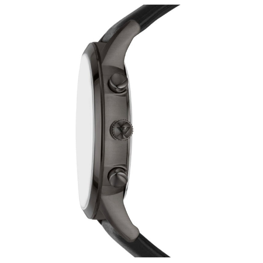 Side profile of Emporio Armani Renato chronograph watch showing case depth and black leather strap
