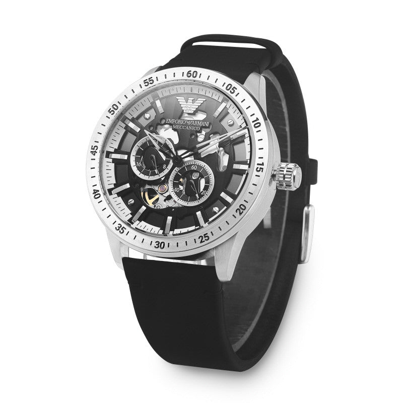 Emporio Armani Renato watch at angle showing black leather strap and visible movement