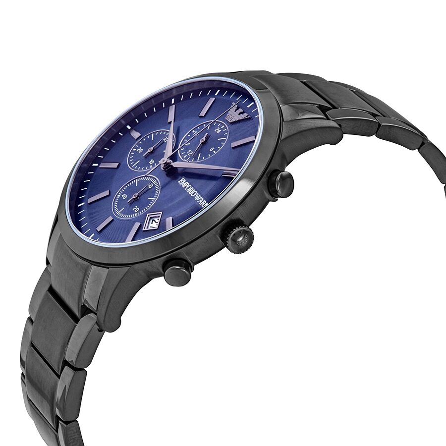 Side angle view of Renato chronograph showing blue dial and gunmetal stainless steel bracelet