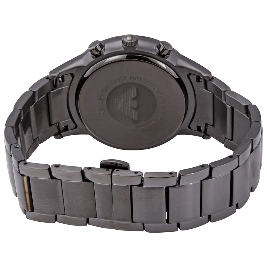 Caseback of Emporio Armani Renato showing gunmetal stainless steel bracelet and Armani logo
