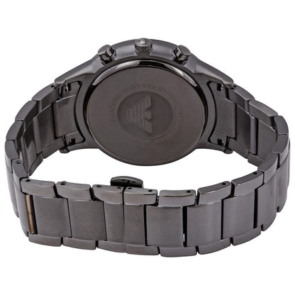 Caseback of Emporio Armani Renato showing gunmetal stainless steel bracelet and Armani logo