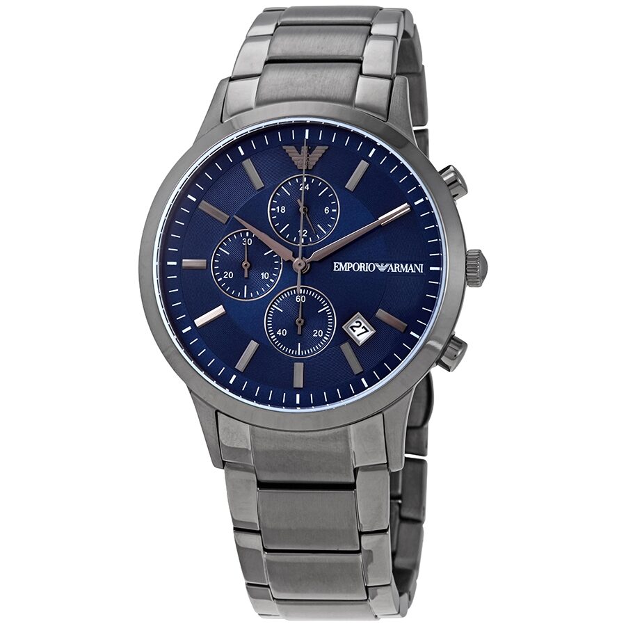 Emporio Armani Renato chronograph quartz watch with blue dial, gunmetal case and bracelet