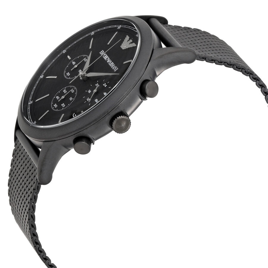 Emporio Armani Renato chronograph watch shown at angle with black mesh bracelet and pushers