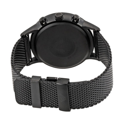 Emporio Armani Renato watch caseback view showing black mesh bracelet and clasp