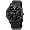 Emporio Armani Renato chronograph watch with black dial, subdials, and black mesh bracelet