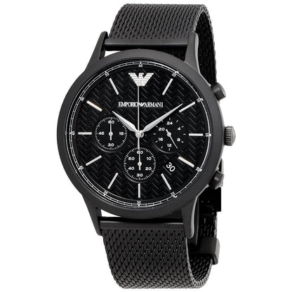Emporio Armani Renato chronograph watch with black dial, subdials, and black mesh bracelet