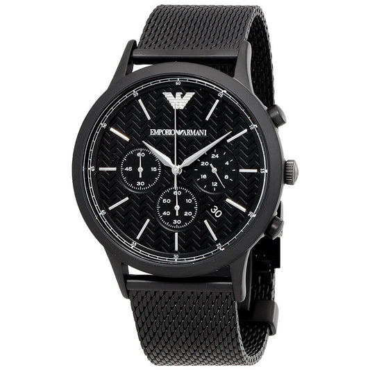 Emporio Armani Renato chronograph watch with black dial, subdials, and black mesh bracelet