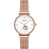 Rose gold ladies watch with white dial, Roman numerals, and mesh strap