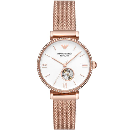 Rose gold ladies watch with white dial, Roman numerals, and mesh strap