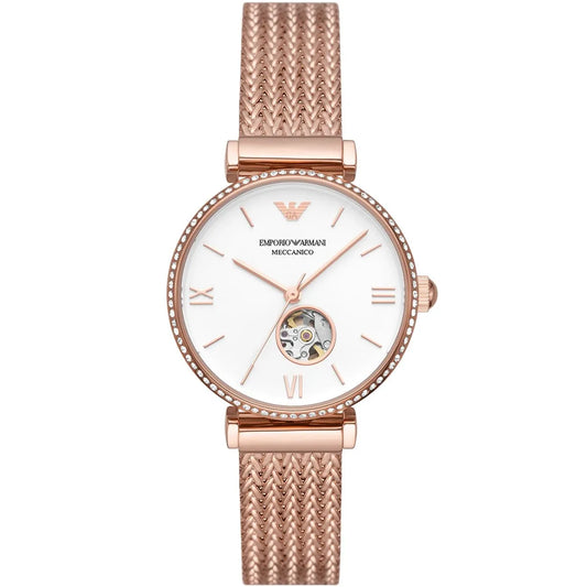 Rose gold ladies watch with white dial, Roman numerals, and mesh strap