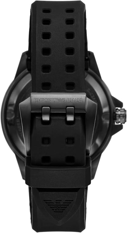 Caseback view of Emporio Armani Sea Explorer watch showing black silicone strap with holes