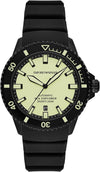 Emporio Armani Sea Explorer automatic watch with cream dial, black bezel, and black silicone strap